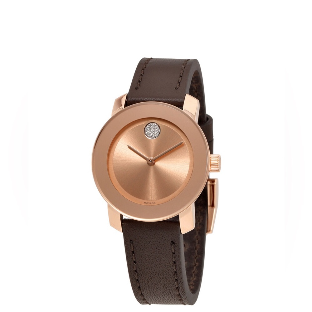 New Movado Bold Women’s Rose Gold Brown Leather Strap Watch 3600438